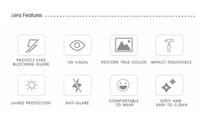 Features overview of sports cycling glasses showing UV400 protection and HD visual technology