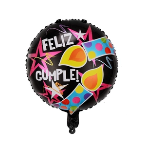 Close-up of 18-inch black round foil balloon with Feliz Cumple lettering for parties