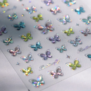 Laser holographic butterfly nail art stickers with 3D metallic aurora gradient effect