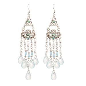Ethnic silver drop earrings with blue floral crystals and beaded fringe tassels
