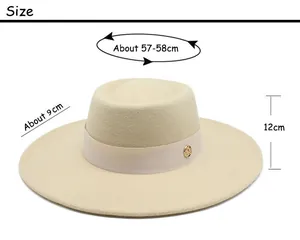 Detailed size chart for wool fedora hat showing 57-58cm circumference and 9cm brim width