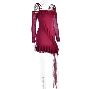 Detail of burgundy off-shoulder dress with mesh sleeves and asymmetrical ruffled hemline