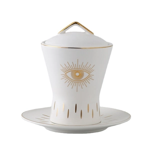 Ceramic Evil Eye spice jar with golden lid and saucer for stylish kitchen storage