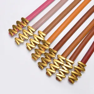 Slim genuine leather belts for women with golden wave buckles in multiple colors