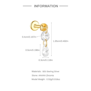 Detail of 925 sterling silver ear stud with zirconia tassels and size measurements