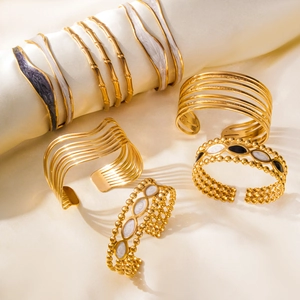 Stainless Steel Open Cuff Bracelet For Women Adjustable Gold Silver Plated Vintage Ocean Starfish Shell Floral Pattern