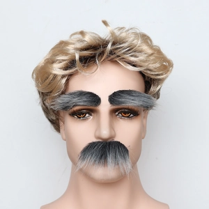 Detailed view of grey gradient bushy eyebrows and faux beard kit for costume parties