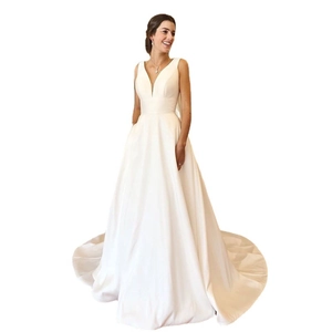 Elegant white satin A-line wedding dress with deep V-neck and long sweeping train