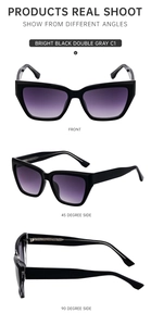 Three-way view of cat eye sunglasses in bright black frame with gradient gray lenses