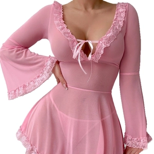 Pink sheer mesh lace mini dress with deep V-neck, ribbon tie and flared sleeves