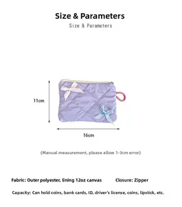 Detail view of purple quilted cosmetic bag with bow, showing 16x11cm size and zipper