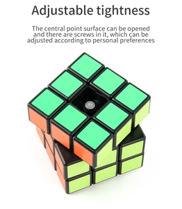Detail of 3x3 magic cube showing adjustable internal screw and colorful matte surface