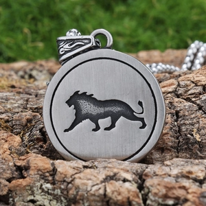 Robuster Wikinger Löwen-Anhänger aus Edelstahl mit gebürstetem Finish an silberner Kugelkette