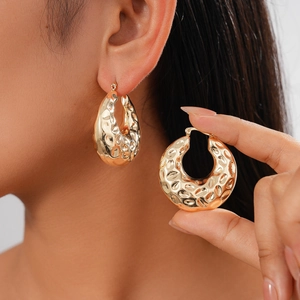 Boucles D'oreilles Créoles En Métal Texturé Martelé Rond Géométrique Évidé Bijoux De Style Minimaliste Pour Femmes