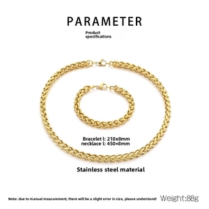 Dimensioni dettagliate di collana e bracciale a catena wheat 8mm in acciaio dorato