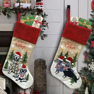 Christmas Stockings Dog Patterns Linen Blend Knit Cuff Merry Christmas Fireplace Hanging Gift Bag Holiday Decor