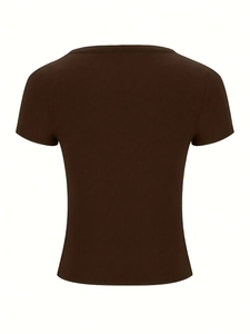 Nauwsluitend donkerbruin T-shirt voor dames met korte mouwen en ronde hals achterkant