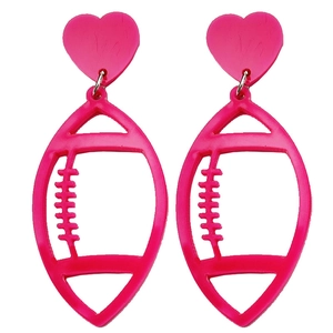 Pink heart-shaped acrylic earrings with rugby ball pendant charms for sports fans
