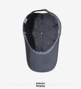 Interior details of dark grey baseball cap with six-panel stitching and sweatband