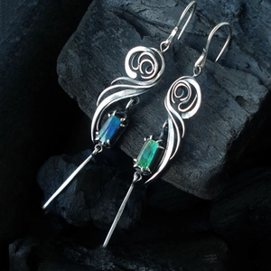 Vintage silver hollow geometric earrings with rectangular blue-green opal gemstone