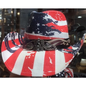 Detailed view of patriotic cowboy hat with USA metal buckle and woven star pattern