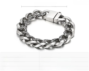 Detail of 215mm punk stainless steel curb link bracelet with dimensions and clasp