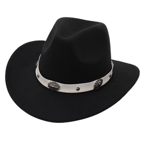 Classic black wide brim fedora hat with white faux leather belt and metal ornaments
