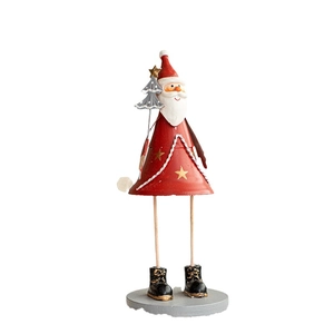 Nordic iron Santa Claus ornament with red shawl and gold stars on stable wooden base