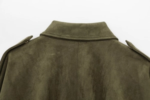 Detail view of military green suede bomber jacket collar and epaulets with fine stitching