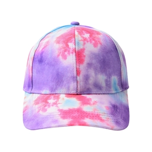 Detail of colorful tie-dye baseball cap featuring reinforced stitching and pink blue hues
