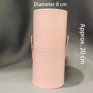 Pink PU leather makeup brush holder with metal buckles and diameter of 8cm