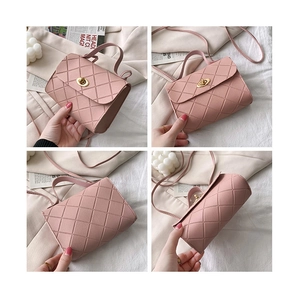 Pink quilted square bag with gold twist lock shown from front side back and bottom views