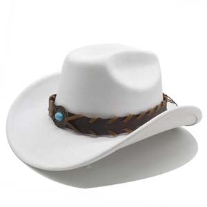 Detail of white suede cowboy hat featuring brown braided band and turquoise stone accent
