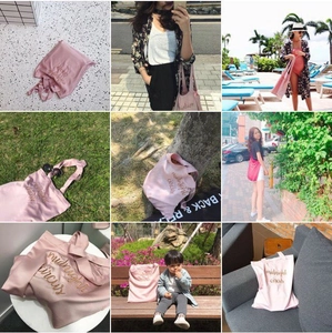 Collage of a pink satin tote bag with Midnight Circus embroidery in various settings