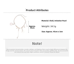 Detail view of pearl and shell necklace with measurements 45cm length and 34.1g weight