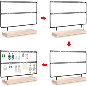Detail showing the easy assembly of the metal earring rack into its solid wooden base