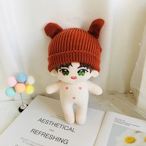 Detail shot of a 20cm plush doll wearing a red-brown knitted hat on white soft background