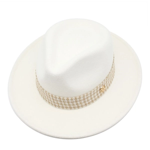 Retro cream white wool felt fedora with houndstooth band and golden metal M logo