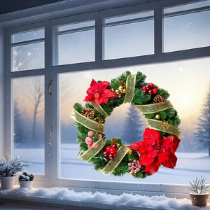 Detailed Christmas wreath featuring green pine needles, red flowers and pine cones on snowy window