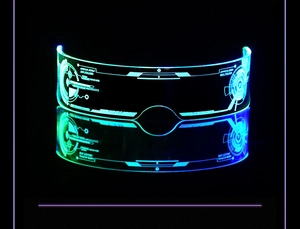 Cyberpunk LED glasses with cyan glowing lights and tech UI patterns on acrylic lenses