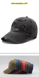 Detailed close-up of washed cotton baseball caps with high-density New York embroidery