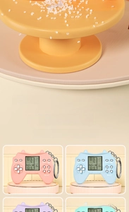 Detailed view of mini Tetris game consoles in pastel pink, blue, and purple candy colors