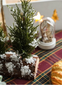 Mini cedar trees with artificial snow and wood bases on festive checkered cloth