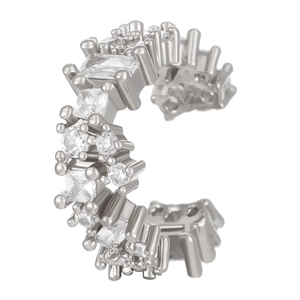Close-up of silver ear cuff with square and round cubic zirconia stones on white background