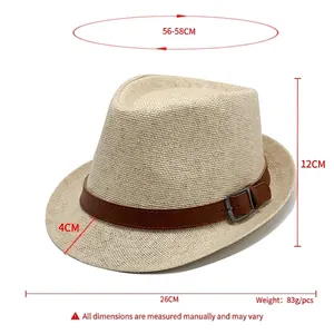 Beige straw fedora sun hat with leather belt buckle showing dimensions 56-58cm