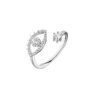 Silver evil eye open ring with micro-p鑲ed cubic zirconia and adjustable band design