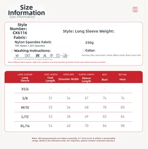 Size chart for long-sleeve yoga top detailing fabric specs and sizing from S to XL
