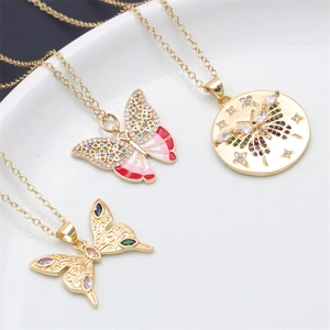 Gold-plated butterfly and dragonfly pendants with colorful cubic zirconia stones