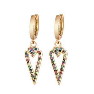 Close-up of bohemian gold-plated drop earrings featuring vibrant rainbow micro-zirconia