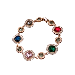 Vintage rose gold bracelet with colorful round crystals and sparkling rhinestone accents